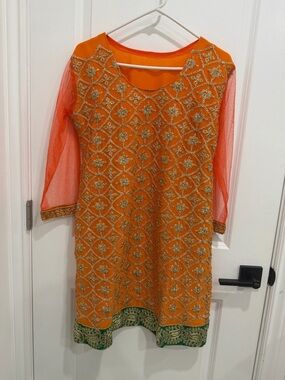 Pakistani Embroidered Orange & Green dress